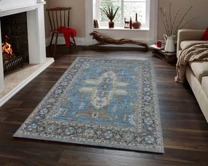 Handmade Rug Hand Knotted Vintage Blue Carpet Oushak Wool Area Rugs 6x9 - Picture 1 of 3