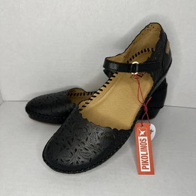 Pikolinos P. Vallarta Black Leather Shoes 39 Semi Open Scalloped Tooled Leather - Image 1 of 4