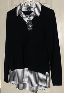 Adrianna Papell Twofer sweater, black and white striped Small NWT - Picture 1 of 4