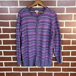 LL Bean Women’s XL Fair Isle Button Up Cardigan Pink Purple Cotton Cashmere - Picture 1 of 7