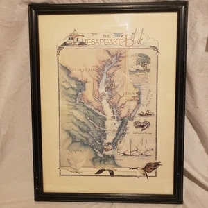 VTG Framed "The Chesapeake Bay” Illustrated Art Map Ann Sader 20" x 26" 1987 - Picture 1 of 16