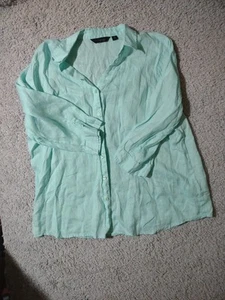 Camisa con botones Investments manga 3/4 lino XL verde azulado dinero - Imagen 1 de 16