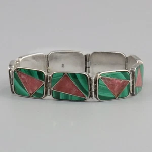 Vintage Malachite + Rhodonite 950 Sterling Silver Inlay Bracelet Peru or Chile - Picture 1 of 7