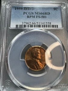 1959-D/D/D Lincoln Cent - PCGS Graded MS66 RD RARE IN THIS GRADE - Picture 1 of 3