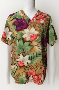 Silky Scrubs Microfiber Medical Floral Tropical Top Thin Soft Sz Small Brown - Picture 1 of 7