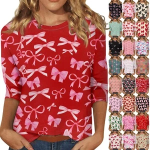 Women's Casual Round Neck Bowknot Printed Three-quarter Sleeve T-shirt Top - Picture 1 of 36
