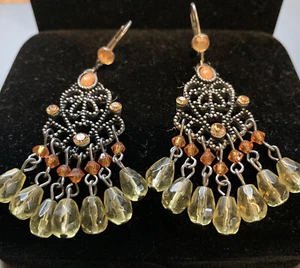 Chandelier Earrings Crystal Beaded Orange Yellow 2 1/4” Long - Picture 1 of 3