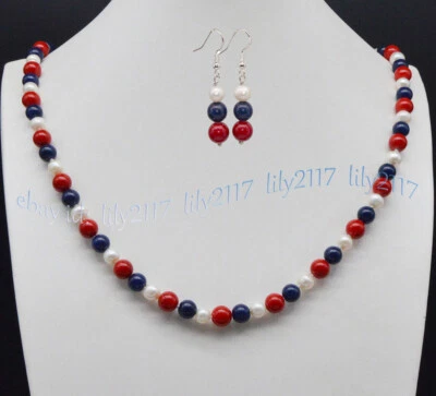 7-8mm White Pearl 8mm Red Coral Blue Lapis Lazuli Gemstone Necklace Earrings Set - Image 1 of 3