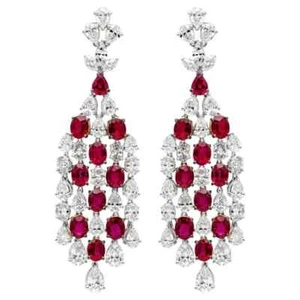 Luxury 18.10TCW Simulated Red Ruby & White Sapphire Party Wear Women's Earrings - Picture 1 of 7