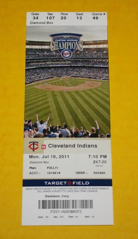 Minnesota Twins Ticket Stub | July 18 2011 | Scott Diamond Debut Joe Mauer Hit Cover