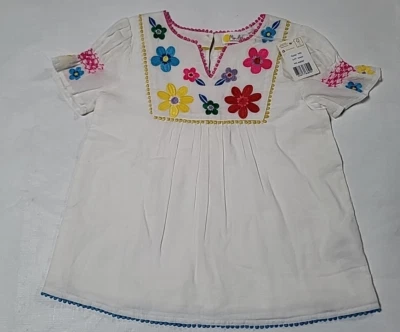 Mini Boden Sz 6/7 Colorful Flower Embroidered Blouse White Short Sleeve G3257 - Image 1 of 4