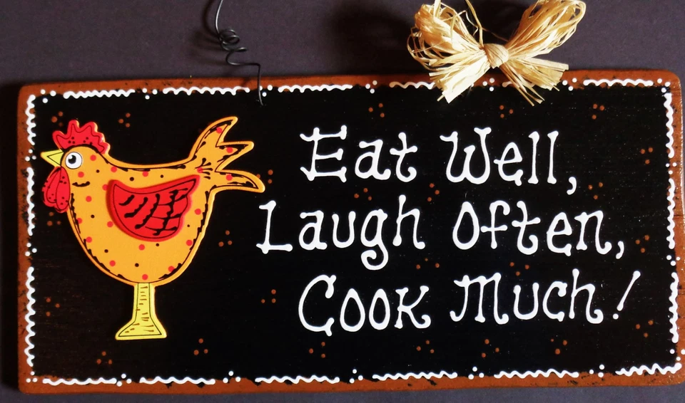 ROOSTER SIGN Eat Well Laugh Often Cook Much KITCHEN WALL PLAQUE Chicken Decor - Image 1 of 1
