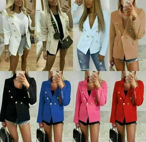 Women’s Gold Button Blazer Ladies Double Breasted Military Formal Office Jackets - Picture 1 of 11