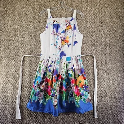 R K Originals Dress Womens Sz 12 Sleeveless Belted Rear Zip Front Tie Floral - Image 1 of 4