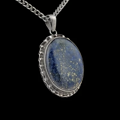 Lapis Lazuli Ciondolo Amuleto Pezzo Unico 925 Argento Ovale Preziose Regalo j47 - Immagine 1 di 3