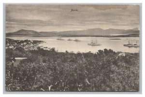 Norway postcard Molde, distant town view navy warships ? in fjord, AS IS - STAIN - Bild 1 von 2