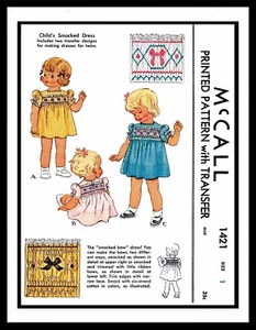 McCall # 1421 Patrón de Costura Niña VESTIDO CON ARCO AHUMADO FROCK Niño Pequeño Talla ~1~ 1940 - Imagen 1 de 11