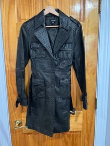 Vintage Y2K Bebe Genuine Western Leather Trench Belted Jacket Size Small - Picture 1 of 12