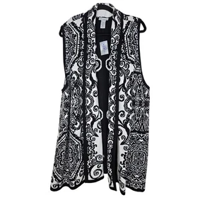 NUOVO gilet Catherines 2X nero bianco aperto davanti Boho Scroll cascata casual - Foto 1 di 4