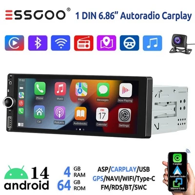 Android 14 1 DIN Autoradio 4+64GB 6.86" Apple Carplay GPS USB Typ-C WIFI RDS BT - Bild 1 von 4