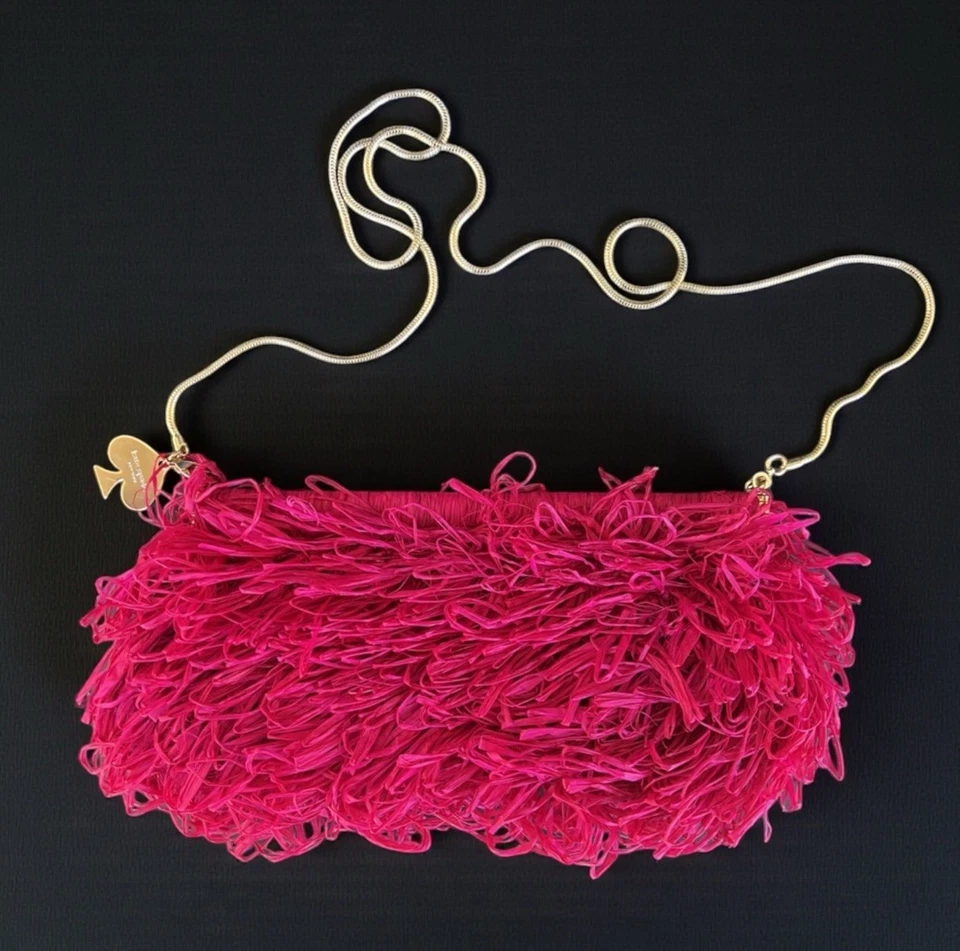 Kate Spade Small Fuschia Straw Raffia Fringe Crossbody Bag Chain Purse - Image 1 of 4
