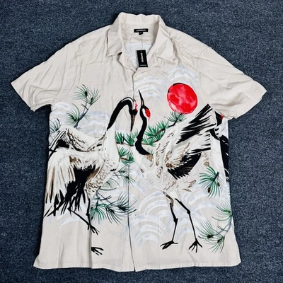 Express Crane & Sun Print Short Sleeve Button Up Shirt Mens Large Rayon NWT - Image 1 of 4