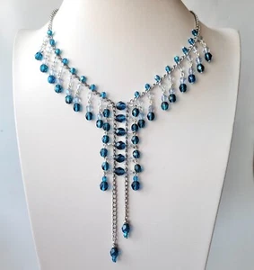 Necklace 16'' Blue Glass Czech Vintage Beads Women's Jewelry Vintage Style - Picture 1 of 9