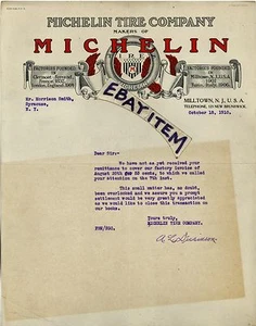 1910 COLOR membrete MICHELIN TIRE COMPANY Milltown Nueva Jersey A. L. DICKINSON - Imagen 1 de 1