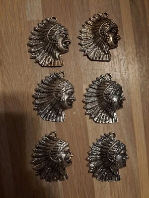 Lote De 6 Cuentas De Trabajo De Cuero Tonificado Plateado De Colección Trabajo Cabeza Nativa Americana Hágalo Usted Mismo Foto 1 de 4
