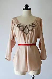 Rebecca Taylor hellbeige Seide U-Ausschnitt Perlen Pailletten Top Bluse Damen 2 - Bild 1 von 24