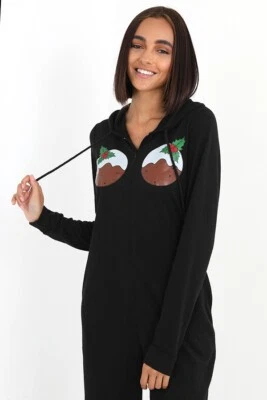 BRAVE SOUL BLACK CHRISTMAS PUDDING PRINT JERSEY ONESIEBODYSUIT, BLACK, SMALL - Image 1 of 2