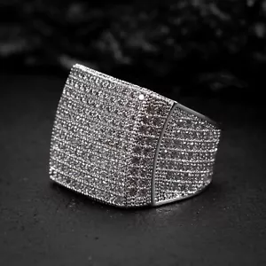 Men's Cz Micro Pave Iced White Gold Plated Large Hip Hop Statement Pinky Ring - Picture 1 of 5