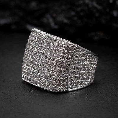 Men's Cz Micro Pave Iced White Gold Plated Large Hip Hop Statement Pinky Ring - Image 1 of 4