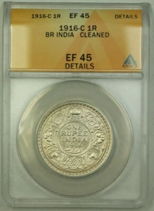 1916-C British India 1 Rupee Silver Coin ANACS EF-45 Details - Picture 1 of 2