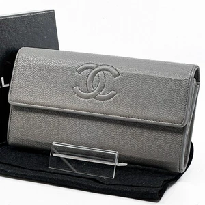 CHANEL Coco Mark Caviar skin Flap Long Wallet Purse Gray Authentic【S】 - Picture 1 of 24