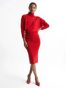REISS Wool Cashmere Blend Comfy Red Roll Neck Turtleneck Ruched Midi Dress S FXC - Picture 1 of 16