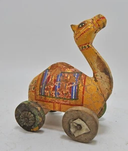 Vintage Wooden Camel on Wheels Figurine Original Old Hand Carved Painted Small - Picture 1 of 7