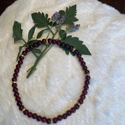 New Midnight Red Glass Beaded Dog Necklace Faux Gold And Diamond Spacers S - Image 1 of 4