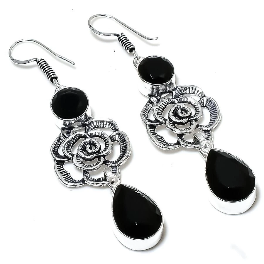 Black Spinel Gemstone Handmade 925 Sterling Silver Jewelry Earring Sz 2.4" - Image 1 of 1
