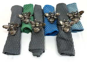 Honey Bee Napkin Rings Rhinestones Jewels Metal Yellow Sparkly Bling Set 6 Vtg - Picture 1 of 9