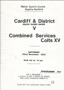Cardiff& District Youth v Combined Services Colts XV 22 Nov 1975 RUGBY PROGRAMME - Picture 1 of 2