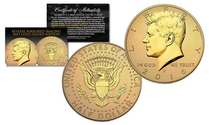 2016-P Kennedy Half Dollar Coin REVERSE MIRROR IMAGING & FROSTING 24K Gold Issue - Picture 1 of 1