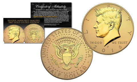 2016-P Kennedy Half Dollar Coin REVERSE MIRROR IMAGING & FROSTING 24K Gold Issue Cover