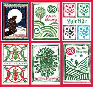 Yuletide Winter Solstice 6 Pack Mixed Pagan Linocut Print Cards 1x6 designs NEW - Picture 1 of 12