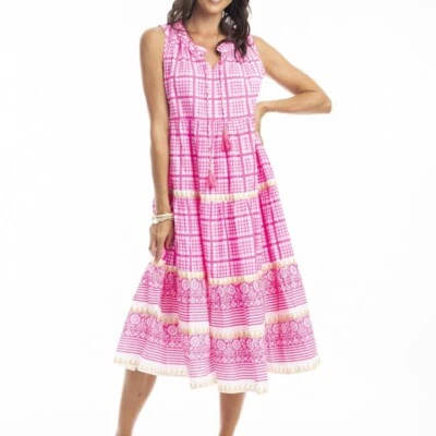 ESCAPE BY OQ Straddie Sleeveless Gingham Midi Dress Women's Size 10 pink tiered - image 1 of 4