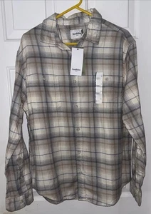 GOODFELLOW *NWT* Flannel Button Down Shirt Size Large Tan Beige Blue Striped - Picture 1 of 6