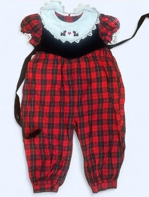 Red And Black Gingham 24 Month Christmas Romper With Dogs Embroider Collar Foto 1 de 4