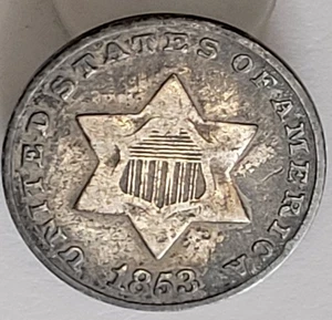 1853 Three 3 Cent Silver Coin Very Nice Strong Date Higher Grade - Picture 1 of 2