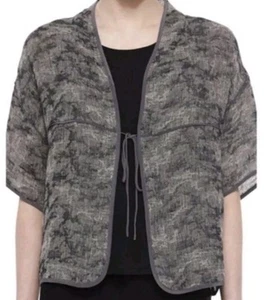 EILEEN FISHER Gray-Black Linen Gauze Jacquard Cardigan Jacket Sz M Tie Boxy - Picture 1 of 7