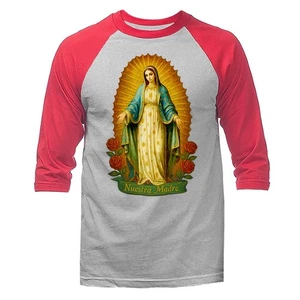 Mother Mary Virgin Maria Mary Catholic Religious 3/4 Sleeve Raglan - Picture 1 of 10
